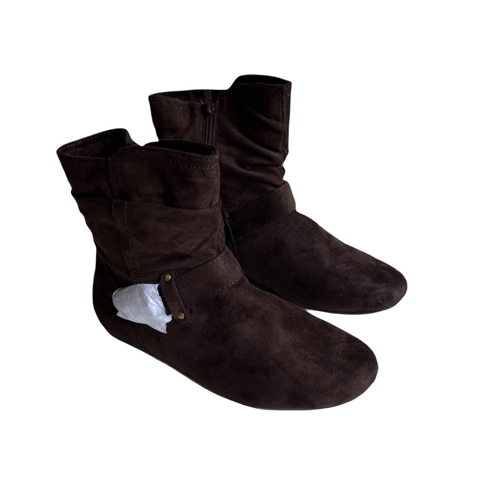Herstyle Vegan Suede Ankle Booties Size 11 Brown Buckles Pull On Boots Fall Cozy